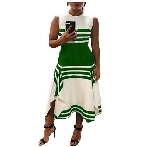 

Women's A Line Dress Midi Dress White collar stripes Black collar stripes Green Blue Red Wine Short Sleeve Color Block Print Spring Summer Round Neck Casual 2022 S M L XL XXL XXXL