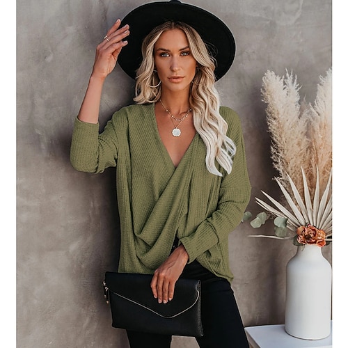 

Women's Cross V NeckBlouseLong Sleeve Top Solid Color Daily Basic Wear