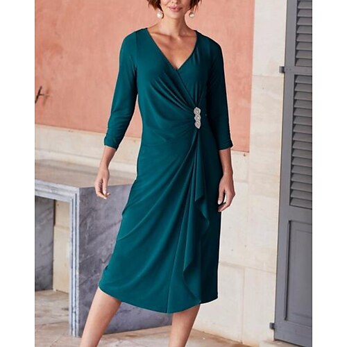 

Sheath / Column Mother of the Bride Dress Elegant V Neck Ankle Length Chiffon 3/4 Length Sleeve with Pleats Crystal Brooch 2022