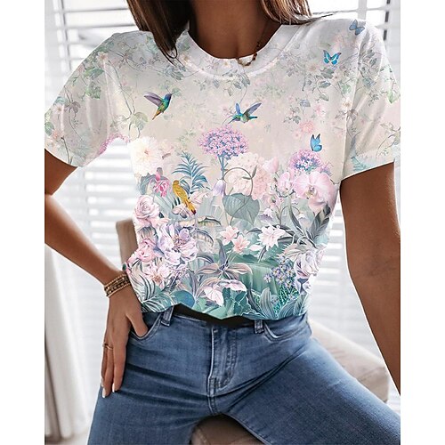 

Mulheres Camiseta Branco Floral Imprimir Manga Curta Diário Final de semana Básico Decote Redondo Padrão Tema Flores Pintura S