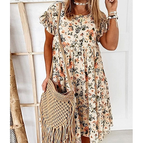 

Women's Shift Dress Midi Dress Black Beige Light Blue Short Sleeve Floral Print Spring Summer Crew Neck Under 10 S M L XL XXL 3XL