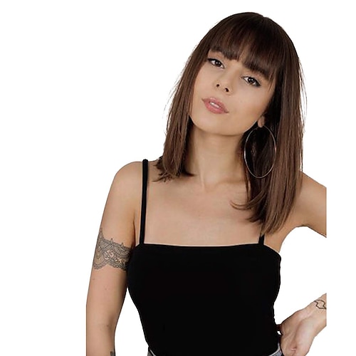 

Short Bob Wigs with Bangs Straight Wig Ombre Black to Brown Natural Wig Women Synthetic Wig with Bangs Daily Party Wig Women