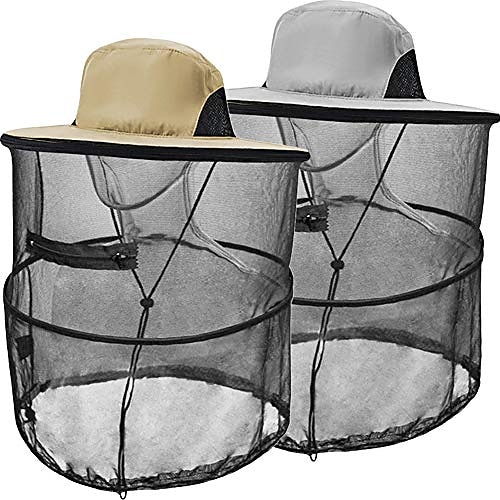 

mosquito head net hat sun hats with removable net mesh mask (khaki and light gray)