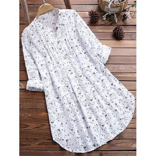 

Women's Plus Size Tops Blouse Floral Graphic Print Long Sleeve Shirt Collar Daily Weekend Cotton Fall Winter Green White