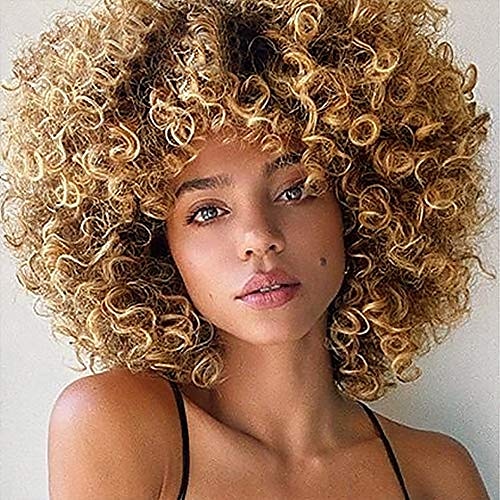 

Psalms Hair Short Curly Blonde Wig for Black Women Natural Puffy Afro Wig with Bangs Goodly Kinky Curly Wig Synthetic Heat Resistant Full Wigs(Brown Mixed Blonde)