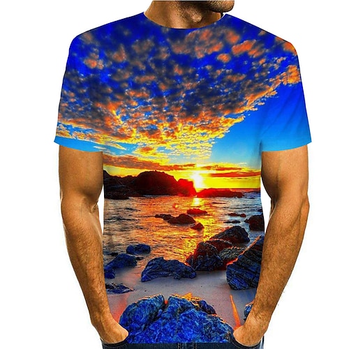 Herre Skjorte T-shirt T-Shirts Grafiske tryk Strand Rund hals Blå 3D-udskrivning Daglig Ferie Kortærmet Trykt mønster Tøj Designer Afslappet Stor og høj