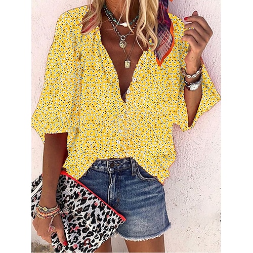 

Mujer Camisa Blusa Amarillo Rojo Floral Estampado Manga Larga Diario Vintage Cuello Mao Regular Tema de Bohemia Manga Farol S