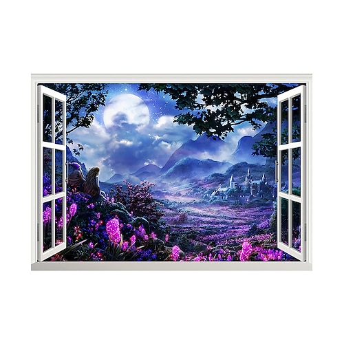 

3D False Window Dreamy Purple Mountain Garden Home Children's Room Background Decoration Can Be Removed Stickers