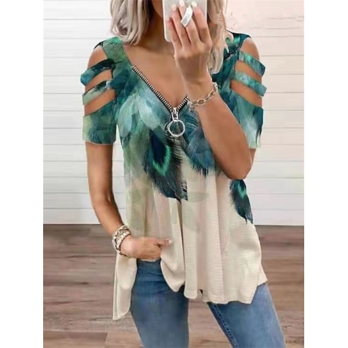 

Women's Tunic Shirts Blouse Shirt Eyelet top Green Blue Light Green Graphic Floral Zipper Cut Out Short Sleeve Casual Daily Basic Casual V Neck Regular Loose Fit Floral S