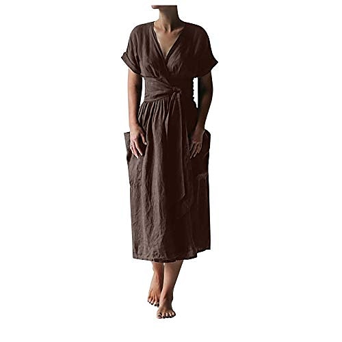 

Women's A Line Dress Maxi long Dress Green Pink Red Wine Brown Short Sleeve Pure Color Pocket Spring Summer V Neck Casual Loose 2022 S M L XL XXL XXXL