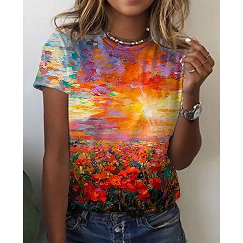 

Women's T shirt Tee Orange Graphic Floral Print Short Sleeve Daily Weekend Basic Vintage Round Neck Regular Floral Painting S / 3D Print