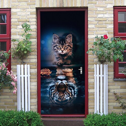 

2pcs Self-adhesive Creative Ferocious Cat Door Stickers For Living Room Diy Decorative Home Waterproof Wall Stickers 30.3""x78.7""(77x200cm), 2 PCS Set