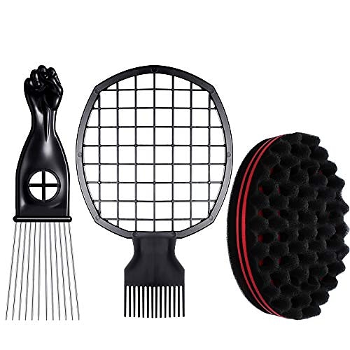 

3 pieces hair combs set, afro twist comb 2 in 1 afro twist curl comb, metal hair pick comb afro pick comb and big holes hair sponge brush twists sponge barber tool for hair styling