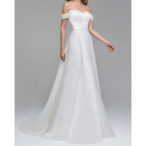 

A-Line Wedding Dresses Off Shoulder Sweep / Brush Train Satin Sleeveless Country Simple with 2022