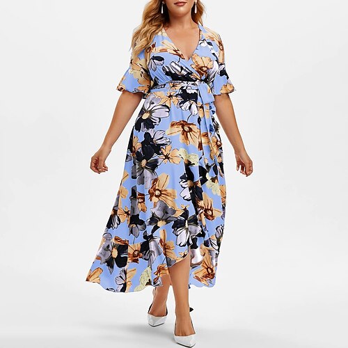 

Women's Plus Size Holiday Dress Floral V Neck Ruffle Half Sleeve Fall Spring Casual Maxi long Dress Holiday Date Dress / Graphic