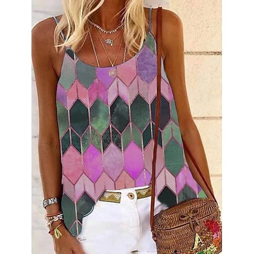 

Women's Camisole Tank Top Blue Purple Yellow Geometric Color Block Print Sleeveless Holiday Weekend Boho Streetwear U Neck Regular Bohemian Theme S