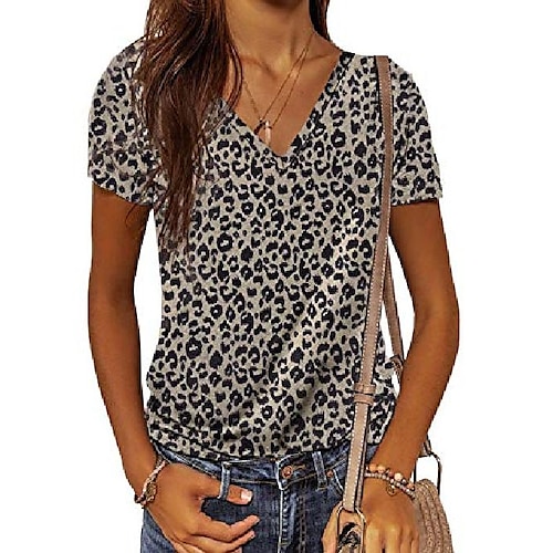 

dokotoo womens summer short sleeve tees leopard print t-shirts v neck casual top grey size 18 20