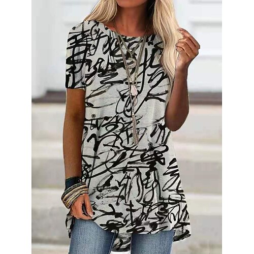 

Women's T shirt Tee Tunic Black Graffiti Print Short Sleeve Daily Basic Round Neck Long S