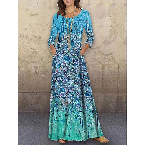 

Women's Shift Dress Long Dress Maxi Dress Green 3/4 Length Sleeve Floral Print Winter Fall Autumn Crew Neck 2022 S M L XL XXL 3XL