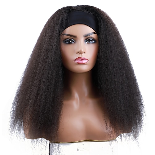 

Long Kinky Straight Headband Synthetic Hair Wigs For African American Women Natural Black 16-22 Inch Kanekalon Afro Wig No Colored Headband