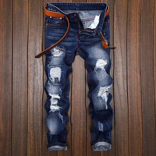 

Men's Chinos Jeans Patchwork Pocket Gradient Full Length Casual Daily Cotton Denim Vintage Streetwear Slim Deep Blue Micro-elastic