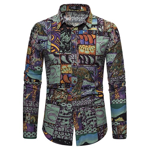 

Men's Shirt Geometric Classic Collar Party Casual Print Long Sleeve Tops Ethnic Style Casual Black