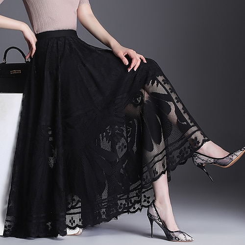 

Women's Swing Midi Chiffon Green Skirts Summer Lace Cut Out Ripped Without Lining Streetwear Elegant Going out Weekend One-Size