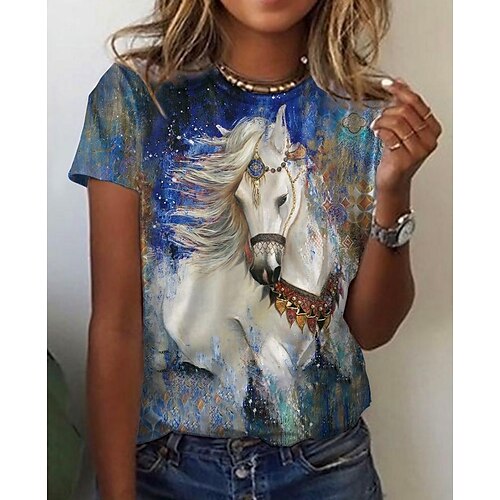 

Women's T shirt Tee Blue Graphic Animal Print Short Sleeve Daily Weekend Basic Round Neck Regular 3D Printed Painting S