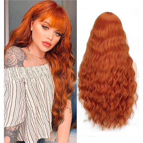 

Ombre Long Hair Wigs for Women Ombre Brown Blonde Sytnthetic Natural Wavy Curly Wig with Fringe Cosplay Party Or Daily Wear