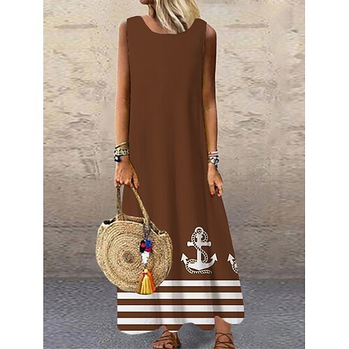 

Women's Shift Dress Long Dress Maxi Dress Brown Navy Blue Sleeveless Striped Print Spring Summer Crew Neck S M L XL XXL 3XL