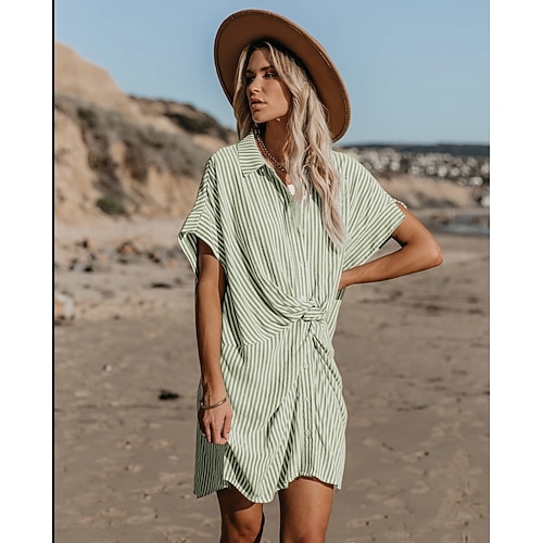 

Women's Shirt Dress Mini Dress Green Blue Pink Short Sleeve Pure Color Spring Summer S M L XL XXL