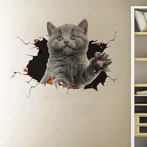 

3D Broken Wall Cute Cat Cartoon Home Background Decoration Removes Sticker