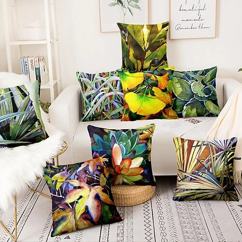 

Ins Double Side Cushion Cover 1PC Soft Decorative Square Pillowcase for Sofa Bedroom Car Chair Superior Quality Green Plants Outdoor Cushion for Patio Garden Farmhouse Bench Couch