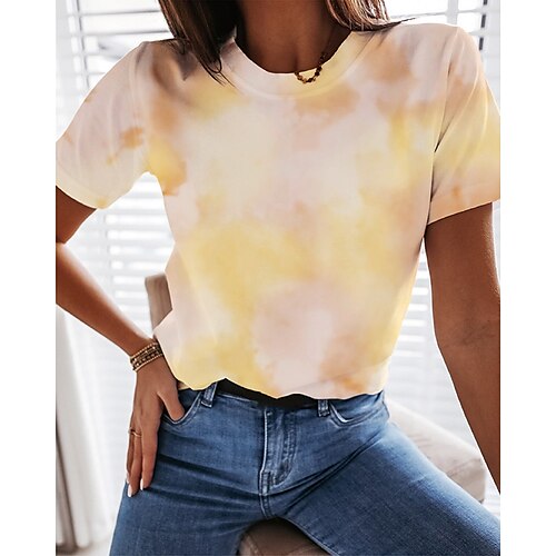t-shirts för kvinnor tie dye v-hals kort ärm t-shirt loungewear tee toppar (medium, gul)