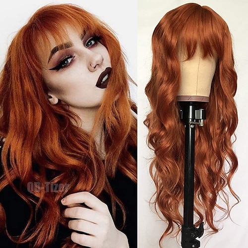 

Ginger Orange Loose Wavy Wig Fashion Ladies Heat Resistant Synthetic Wig With Bangs