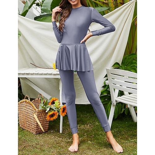 

Women's Swimwear Rash Guard Burkini Diving Normal Swimsuit Quick Dry Modest Swimwear Ruched Solid Color Black Blue Gray Purple High Neck Bathing Suits New Sporty Casual