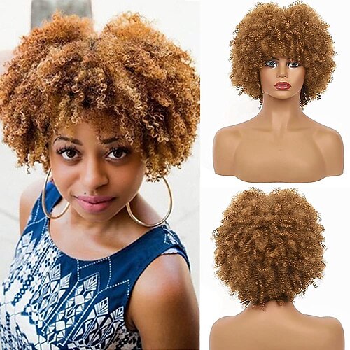 

kort brun kinky afro parykk for svarte kvinner naturlige syntetiske krøllete cosplay kostyme parykker med parykk cap