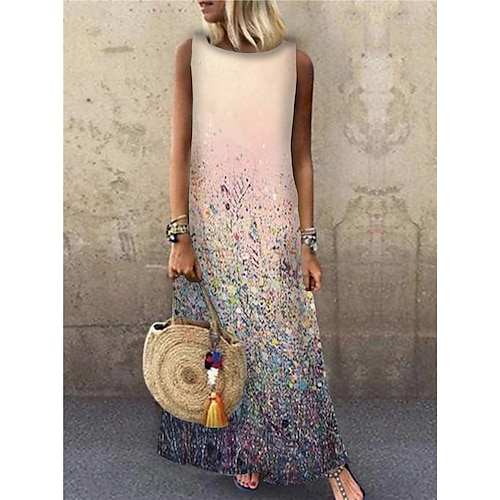 

Women's Shift Dress Long Dress Maxi Dress Pink Sleeveless Floral Print Spring Summer Crew Neck Weekend 2022 S M L XL XXL 3XL