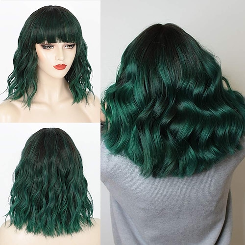 

Short Bob Wigs with Bangs Shoulder Length Bob Wavy Wig for Women 14 Inches Mixed Green Synthetic Hair for Girls Charming Heat Resistant Wigs for Cosplay Wear