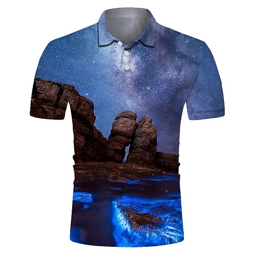 Homens Rua Camisa de golfe Camisa de tênis Impressão 3D Cenário Botão para baixo Manga Curta Blusas Casual Moda Legal Respirável Azul / Esportes