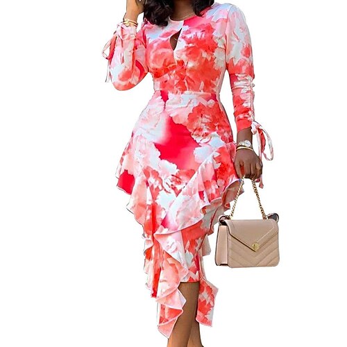 

Women's Sheath Dress Midi Dress Red Long Sleeve Winter Fall Autumn Crew Neck Winter Dress Fall Dress M L XL XXL 3XL