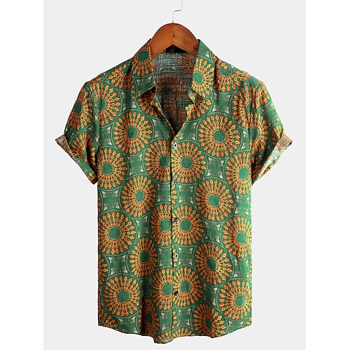 

Men's Shirt Tribal Classic Collar Daily Beach Short Sleeve Tops Cotton Basic Boho Green