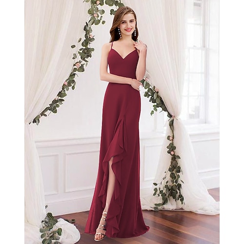 

Sheath / Column Bridesmaid Dress V Neck Sleeveless Elegant Floor Length Chiffon with Pleats / Split Front 2022