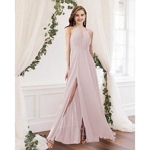 

A-Line Bridesmaid Dress Jewel Neck Sleeveless Elegant Floor Length Chiffon with Pleats / Split Front 2022