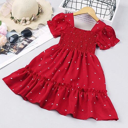 

Kids Girls' Dress Solid Colored A Line Dress Midi Dress Party Patchwork Short Sleeve Cute Dress 2-6 Years Spring Red