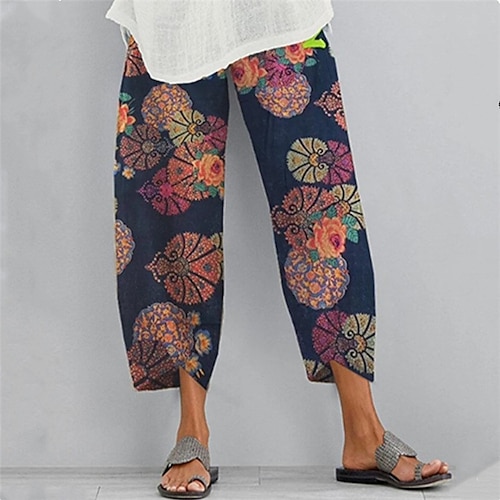 

Women's Linen Pants Chinos Slacks Pants Trousers Cotton And Linen Pink Red Blue Mid Waist Basic Casual / Sporty Daily Weekend Pocket Print Ankle-Length Comfort Graphic Prints S M L XL XXL