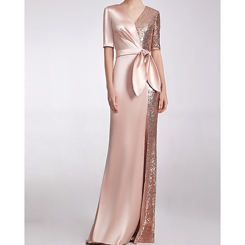 

A-Line Minimalist Elegant Engagement Formal Evening Dress V Neck Short Sleeve Floor Length Sequined with Sash / Ribbon Pleats 2022