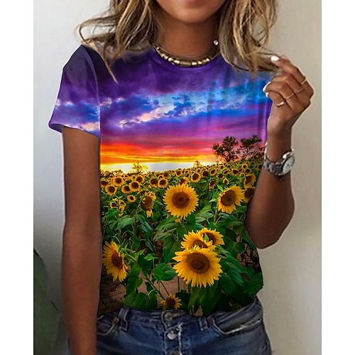 

Women's T shirt Tee Green Sunflower Scenery Print Short Sleeve Holiday Weekend Basic Round Neck Regular Floral 3D Printed Painting S