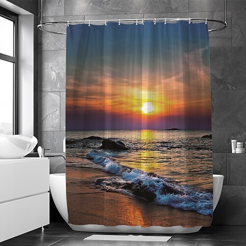 

Shower Curtain With Hooks Suitable For Separate Wet And Dry Zone Divide Bathroom Shower Curtain Waterproof Oil-proof Modern and Beach Theme and Landscape