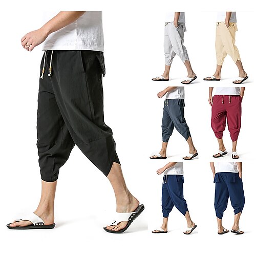 

Men's Harem Shorts Pocket Solid Colored Outdoor Sports Calf-Length Casual Sports 100% Cotton Shorts Chino Slim Black Wine Inelastic